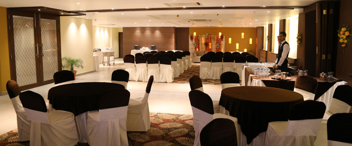 Banquet hall laid for a reception